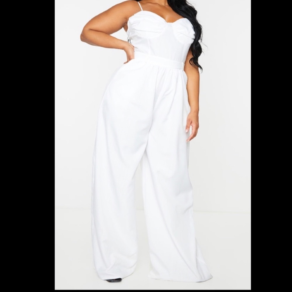 Plus White Ruched Cup Strappy Wide Leg Jumpsuit